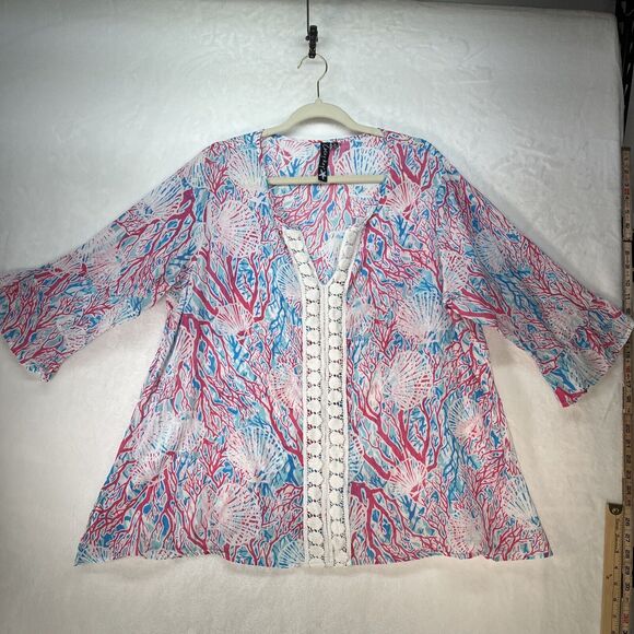 Casey Key Tops - Casey Key Top Womens Plus Size 2X Crochet Ruffle 3/4 Sleeve Sheer Tunic Beachy